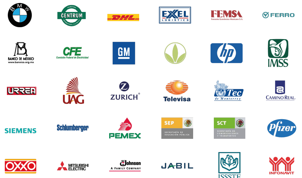 Logos de empresas clientes de Technology México® - AFS Agencia Aduanal, Autotransportes Tresguerras, SIASA y más